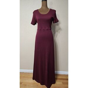 Vintage Blue Women’s Maxi Dress Burgundy Short Sleeve Ribbed Top Size M